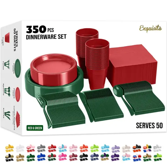 Exquisite 350 Pcs Plastic Plates for Party &ndash; Disposable Plates Set &ndash; 50 Each of 9" Dinner Plates, 7" Dessert Plates, Plastic Cups, Napkins & Plastic Cutlery &ndash; Plastic Dinnerware by Party Solids Red & Green {1}