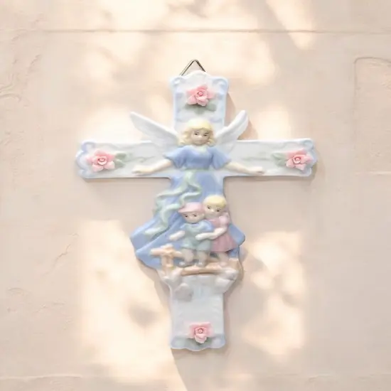 Ceramic Guardian Angel Watching Over Children Cross, Religious Decor or Gift, Baptism Gift {1}