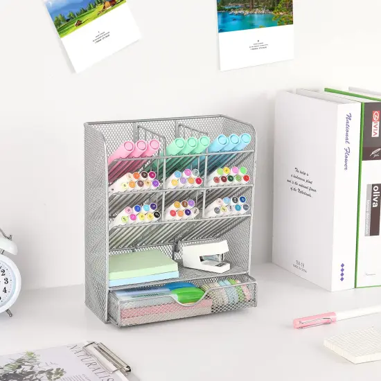 Spacrea Pen Holder Desk Organizer - Desk Organizers and Accessories, Pencil Holder with 10 Compartments and 1 Drawer (Silver) {4}