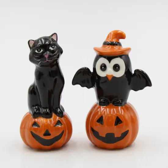 Ceramic Halloween Decor Black Owl And Black Cat On Pumpkin Salt And Pepper, Home D&eacute;cor, Gift for Her, Mom, Kitchen D&eacute;cor, Fall D&eacute;cor {4}