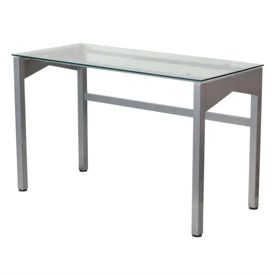Silver Powder-Coated Steel Rectangular Writing Desk with Clear Tempered Glass Surface {1}