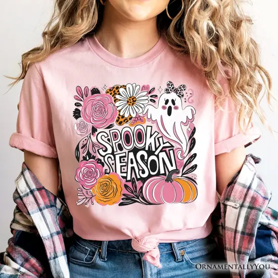Boho Spooky Season Ghost T-Shirt, Cute Halloween Tee with Fall Pumpkins {5}