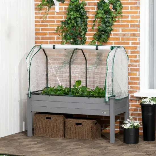 Wooden Raised Garden Bed with Roll-Up Greenhouse Cover for Vegetables {2}