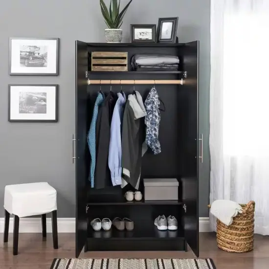 65" Freestanding Black Wardrobe Closet Organizer with Hanging Rail and Shelf for Bedroom {1}