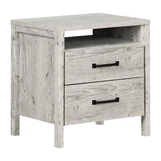 Modern Washed Pine Wood 2 Drawer End Table Nightstand with Open Cubby Shelf for Bedroom {1}
