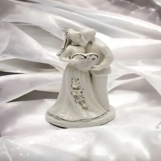 Hand Crafted Ceramic 25th Anniversary Couple Cake Topper with Silver Accents, Anniversary D&eacute;cor, Anniversary Gift {2}