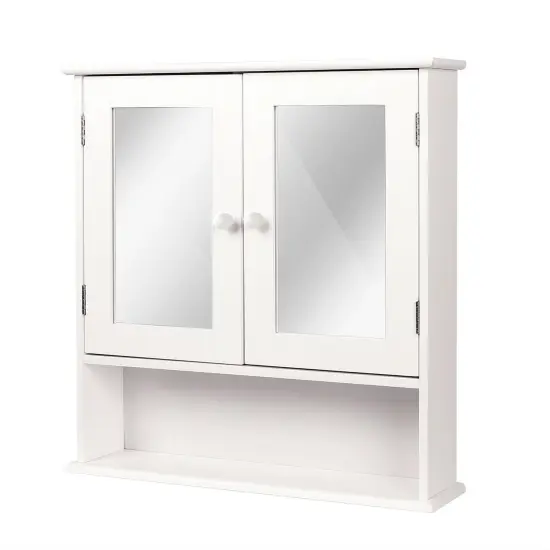 White Wall-Mounted Mirrored Medicine Cabinet with Open Shelf Shutter Doors, MDF, Bathroom Storage Organizer {1}