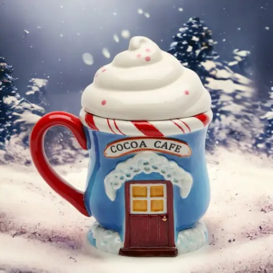 Ceramic Christmas Santa's Village Covered Mug, Home Décor, Gift for Her, Gift for Mom, Kitchen Décor, Christmas Décor {1}