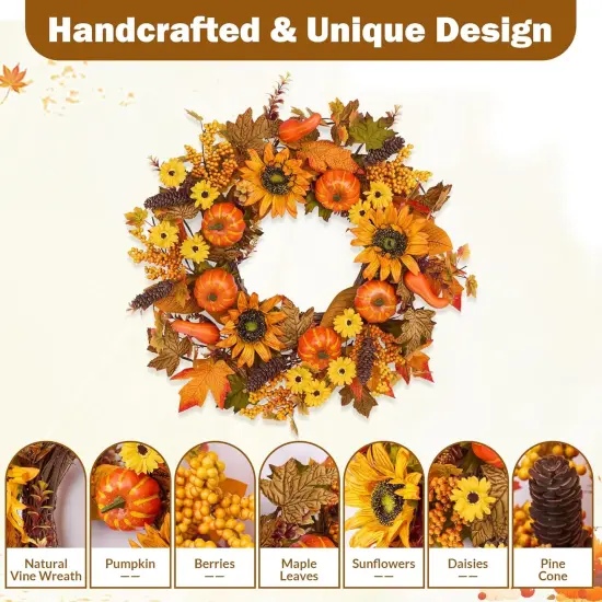 24 Inch Fall Wreaths for Front Door Outside, Pumpkins Thanksgiving Wreath, {4}