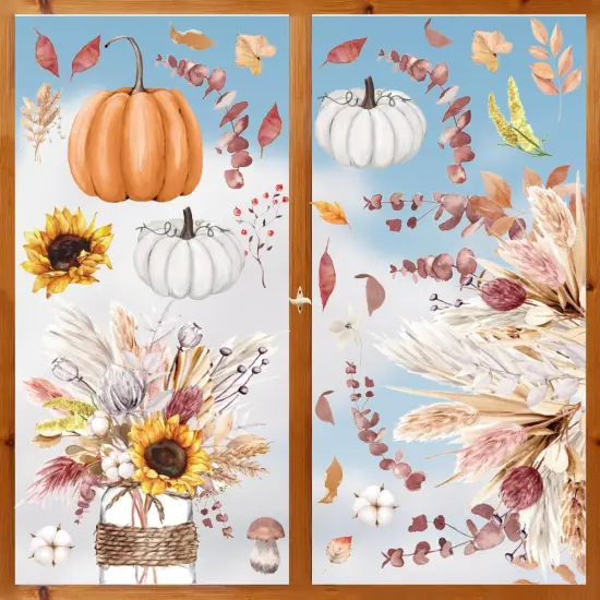 50 PCS Fall Window Cling Sticker, Thanksgiving Autumn Harvest Colorful Leaves {3}