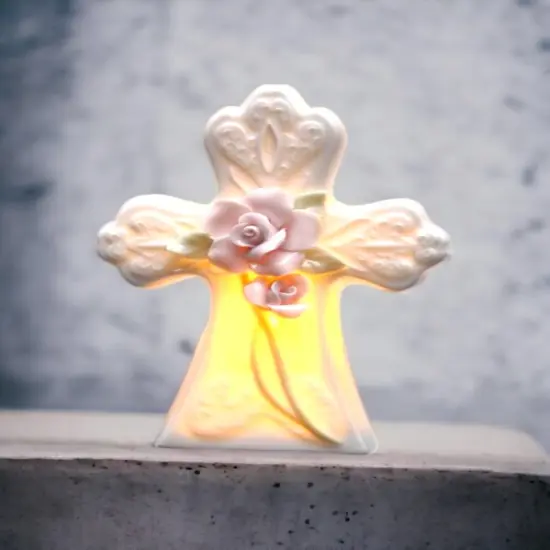 Ceramic Rose Flowers on Cross Plug-In Nightlight, Religious D&eacute;cor, Religious Gift, Church D&eacute;cor, Church Gift, Baptism Gift {2}