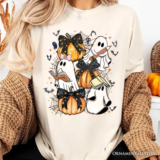 Cute Ghost Teacher Halloween T-Shirt, Retro Boo Spooky School Tee {5}