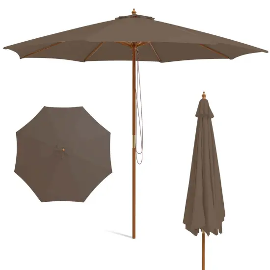 Costway 10FT Patio Wooden Market Table Umbrella Pulley with 8 Bamboo Ribs Sunshade Canopy Coffee/Gray/Navy/Wine/Beige {7}