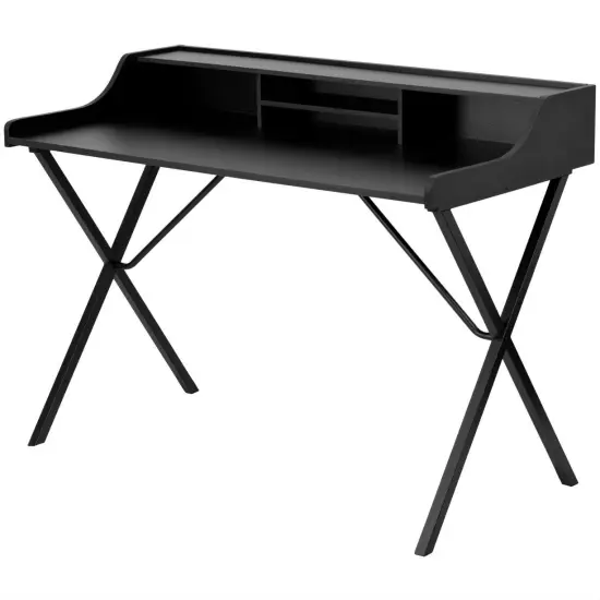 Black Modern Office Desk with Raised Top Shelf, Crisscross Legs and Storage Shelves {1}