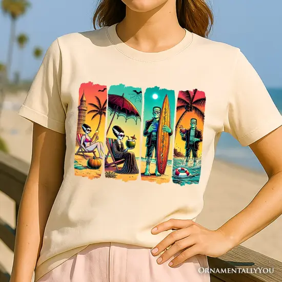 Frankenstein's Beach Vacation T-Shirt, Retro Neon Surf Style Tee for Horror Fans with Summer Vibes {2}