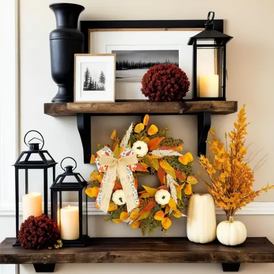 20 Inch Fall Maple Bow Wreath with White Pumpkin {3}