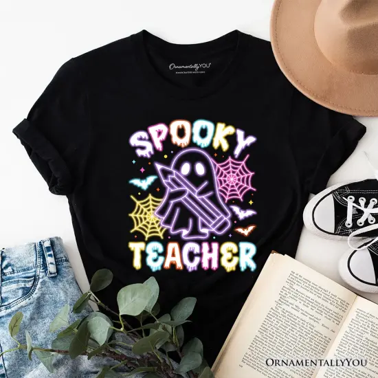 Spooky Teacher Neon Ghost T-Shirt, Retro Halloween Tee for Educators {6}