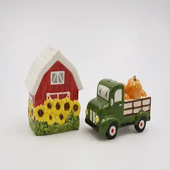 Ceramic Sunflower Barn and Red Pickup Truck With Pumpkins Salt and Pepper Shakers, Gift for Her or Mom, Fall Décor, Farmhouse Decor {3}