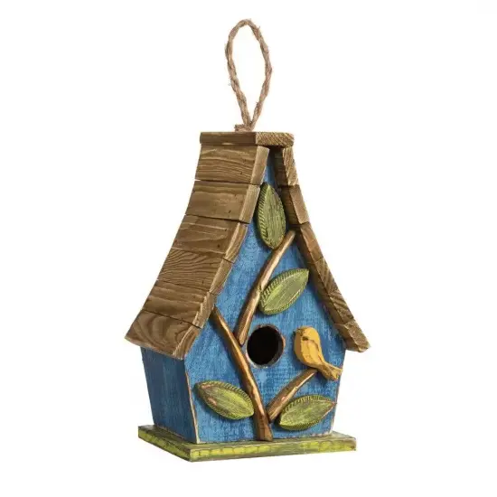 Blue-Green Metal and Wood Farmhouse Hanging Birdhouse with 3D Flowers, Clean out Panel {1}