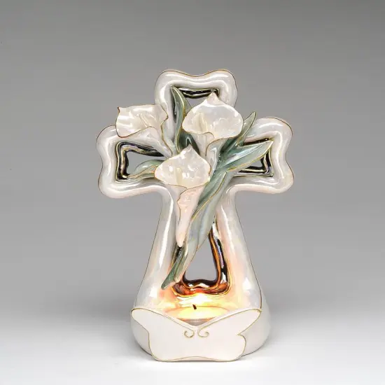 Ceramic Cala Lily Flower with Cross Tealight Candle Holder, Religious D&eacute;cor, Religious Gift, Church D&eacute;cor, Church Gift, Baptism Gift {3}