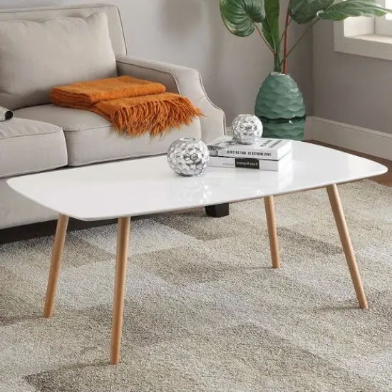 Modern Rectangle White Top Coffee Table with Brown Wood Trestle Base and Glossy Finish {1}