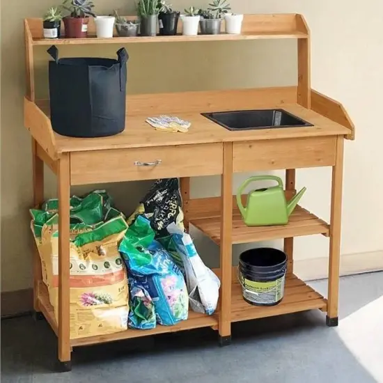 Brown Solid Fir Wood Potting Bench with Sink, Drawer and Shelves {3}