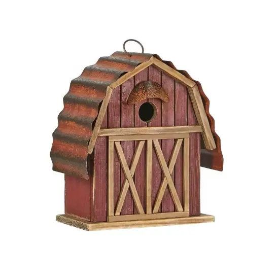 Red Barn Wood Metal Hanging Birdhouse with Distressed Finish and Rustic Roof {1}