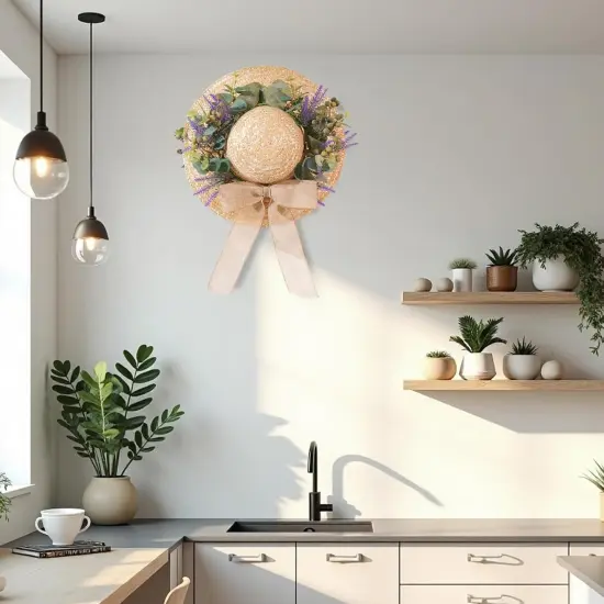 16 Inch Summer Straw Hat Wreath with Bow - Green {4}