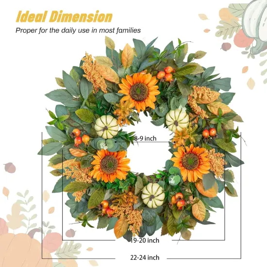 Fall Wreath for Front Door 24 Inch Artificial Sunflower and Pumpkin Fall Wreath with Berries, Autumn Harvest Fall Wreaths for Indoor Outdoor Decor, Thanksgiving and Halloween Decoration {3}