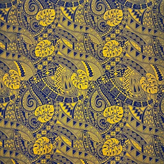1 Yard Traditional Polynesian Tapa Fabric with Monstera Leaves Design, 100% Polyester 45 inches Width Blue/Dark Blue {6}