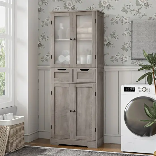 Farmhouse Bathroom Linen Cabinet with Storage Drawers in Grey Taupe Wood Finish {5}