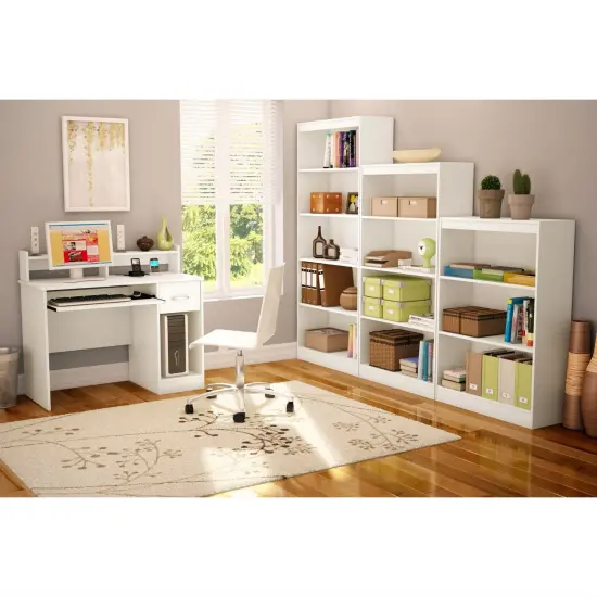 White Wood Contemporary Home Office Computer Desk with Hutch and Storage Drawer {3}