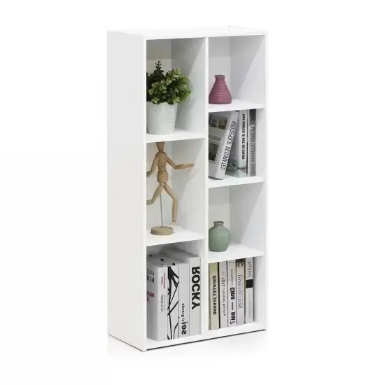 Modern 42-inch High Bookcase with 7 Open Shelves in White Wood Finish {1}