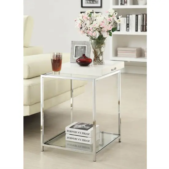 Modern Chrome End Table with Removable White Tray and Tempered Glass Shelves for Living Room {3}