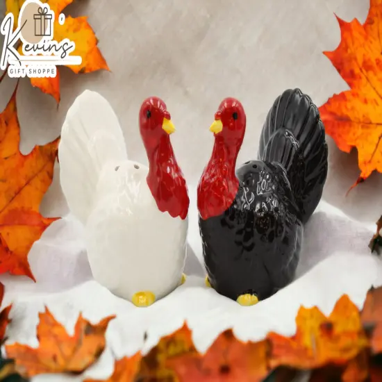 Ceramic Thanksgiving Small White & Black Turkey Salt And Pepper Shakers, Home D&eacute;cor, Gift for Her, Gift for Mom, Kitchen D&eacute;cor, Fall D&eacute;cor {1}