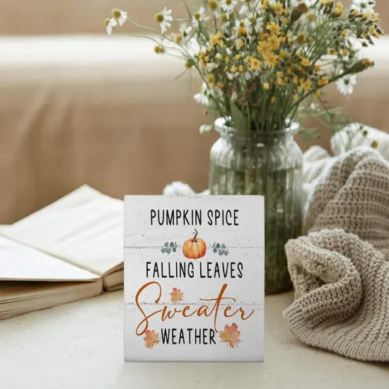 Fall Decor for Table Wood Box Sign Pumpkin Spice Falling Leaves {4}