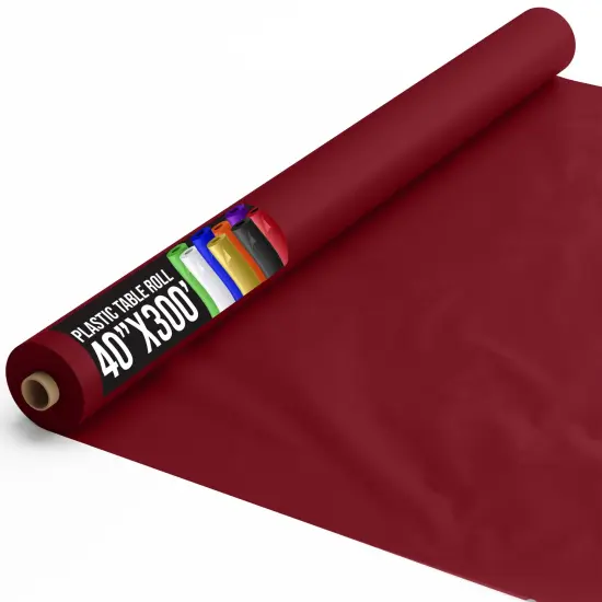 Exquisite Plastic Table Cover Roll &ndash; 40" x 300' Disposable Tablecloth Roll &ndash; Premium Thick 0.5 MIL Plastic Banquet Roll &ndash; Party Table Cover Roll for Events & Catering Burgundy {6}