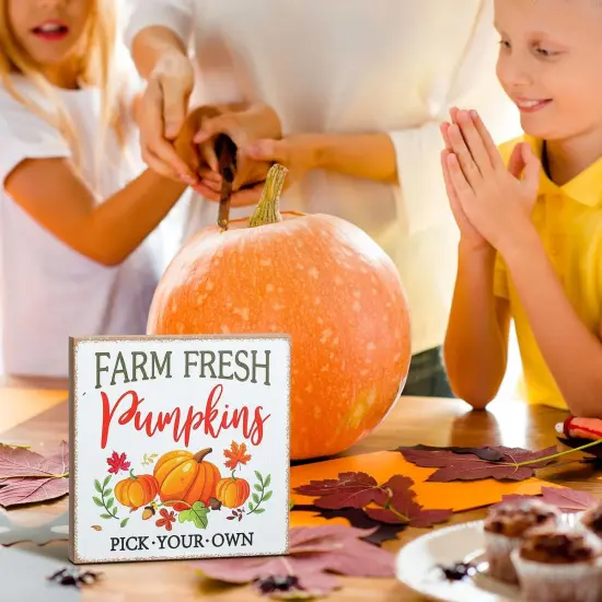 4 Piece Plaid Pumpkin Welcome Tabletop Signs Harvest Tray Decor {5}