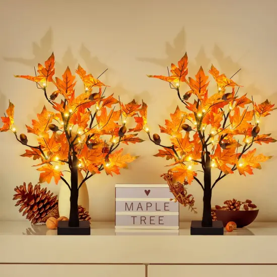 [2 Pack] 24-inch Fall Lighted Maple Tree with Acorns, 48 LED Lights, Battery Operated Thanksgiving Table Centerpieces Decoration Artificial Tree for Home Fireplace Autumn Harvest Tabletop Indoor Decor {1}