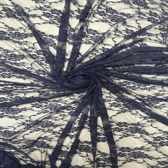 1 Yard Deep Navy Blue 4-Way Stretch Floral Lace Fabric Sheer Shimmery Nylon Spandex 58/60&Prime; Wide {1}