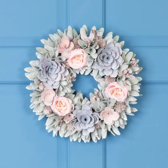 Northlight Roses and Thistle Wooden Artificial Floral Spring Wreath - 14" Blue {1}