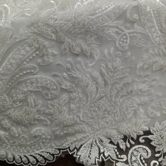 1 Yard Beaded Lace Fabric on 100% Polyester Net Mesh, Elegant Embroidered Lace for Gowns & D&eacute;cor Off White {5}