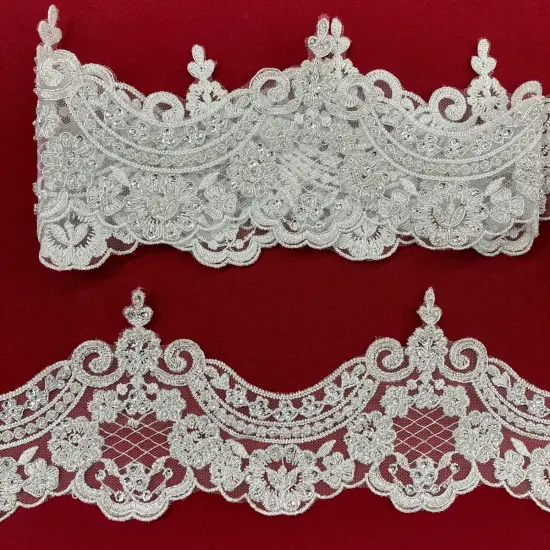 1 Yard Elegant Beaded & Corded Embroidered Lace Trim on 100% Polyester Mesh Gold {7}