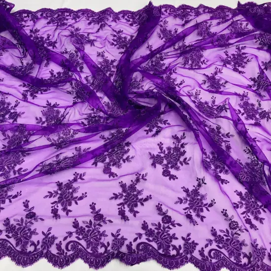 1 Yard Elegant Corded Bridal Lace Fabric with Embroidered on 100% Polyester Net Mesh 56" Width Fuchsia {6}