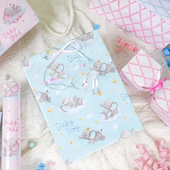 LaRibbons 17" X 33' Reversible Wrapping Paper | Baby Elephant w/ Quilted Back Blue {3}