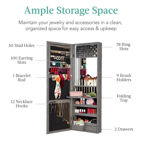 Best Choice Products Hanging Mirror Jewelry Armoire, Door or Wall Mounted Cabinet w/ LED Lights, Lock Gray Oak {4}
