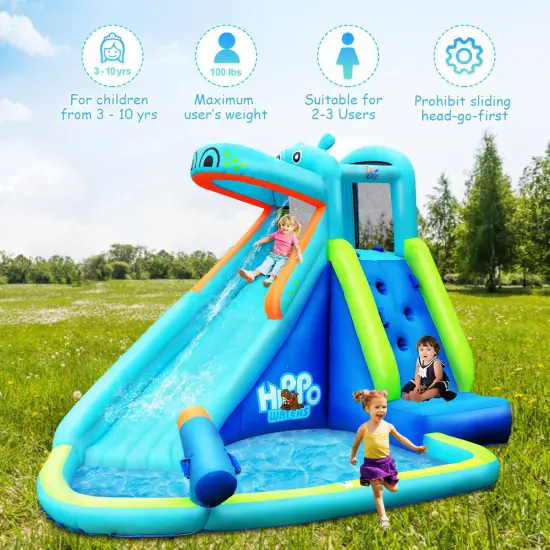 Costway Inflatable Kids Hippo Bounce House Slide Climbing Wall Splash Pool w/740W Blower {5}