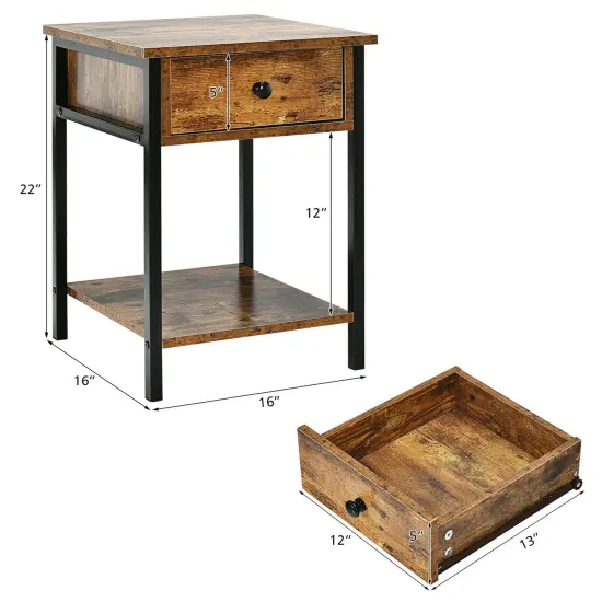 Costway 2PCS Industrial End Side Table Nightstand with Drawer Shelf Rustic Brown {5}