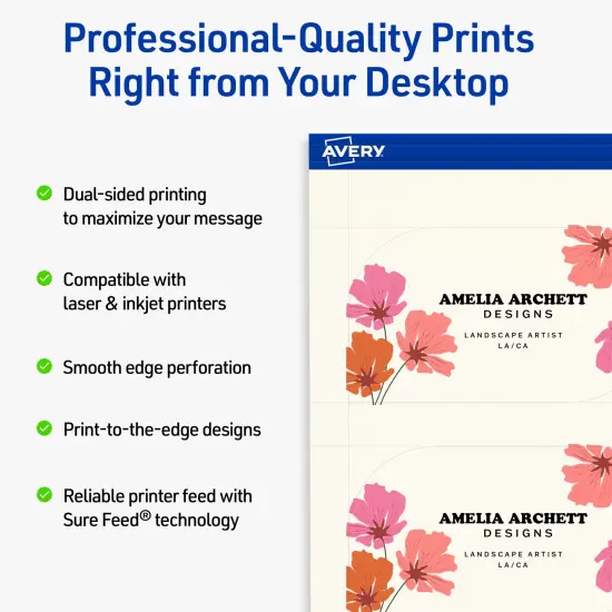 Avery Printable Leaf Business Cards, Sure Feed Technology, 2" x 3-1/2", Matte Ivory Cardstock, Print-to-The-Edge, Laser/Inkjet Printable, 80 Total {8}