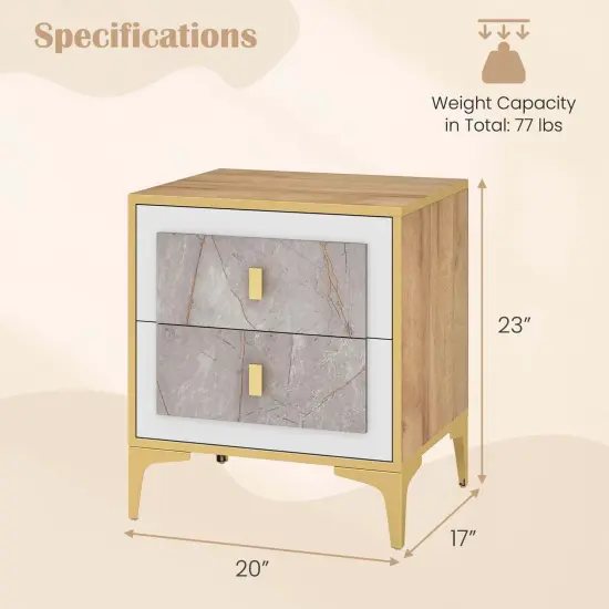 Costway 1/2 PCS Nightstand with Storage Faux Marble Surface Accent Table with 2 Pull-out Drawers {11}